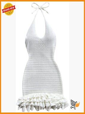 Women's Crochet Halter Knit Bubble Mini Dress Summer Vacation Outfit